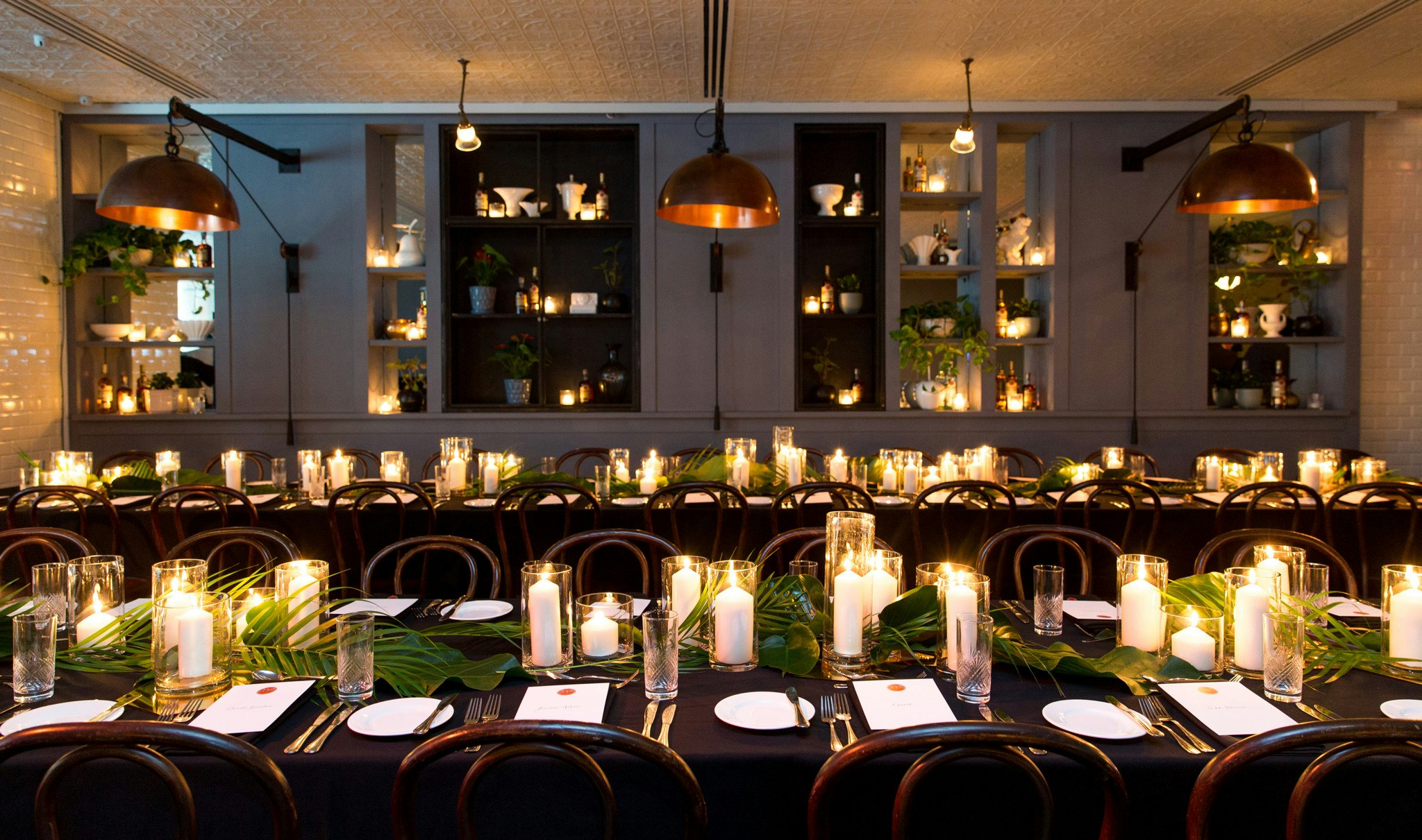 Tables styled for a wedding reception.